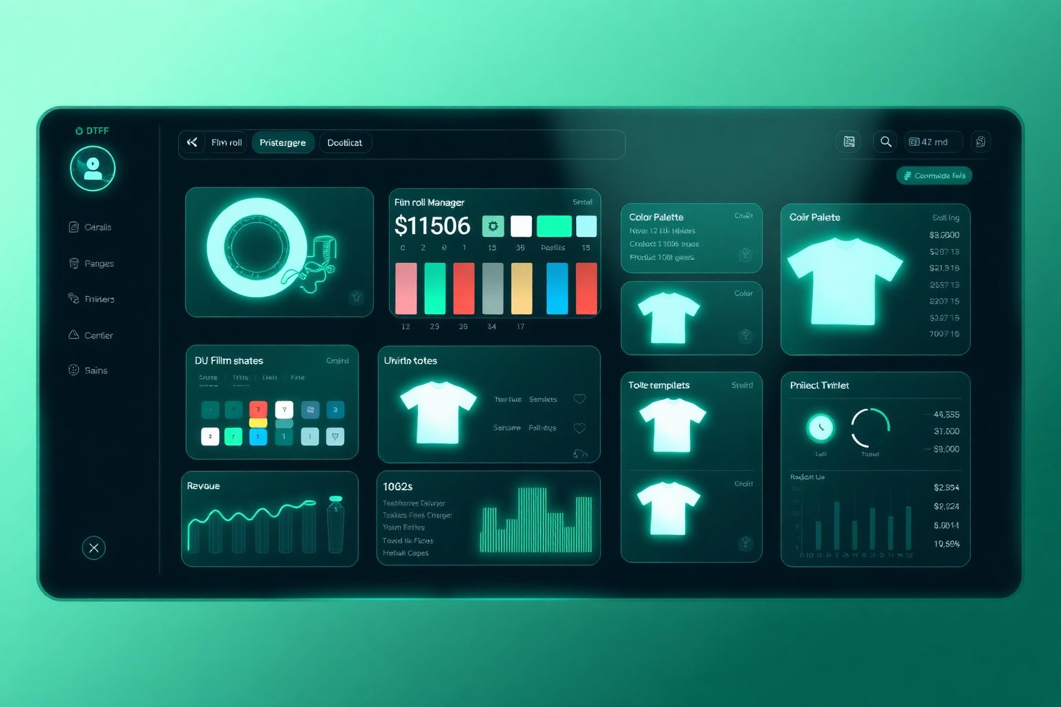 MakerMint DTF Command Center — film roll manager, printer status, color palette, product templates and revenue metrics